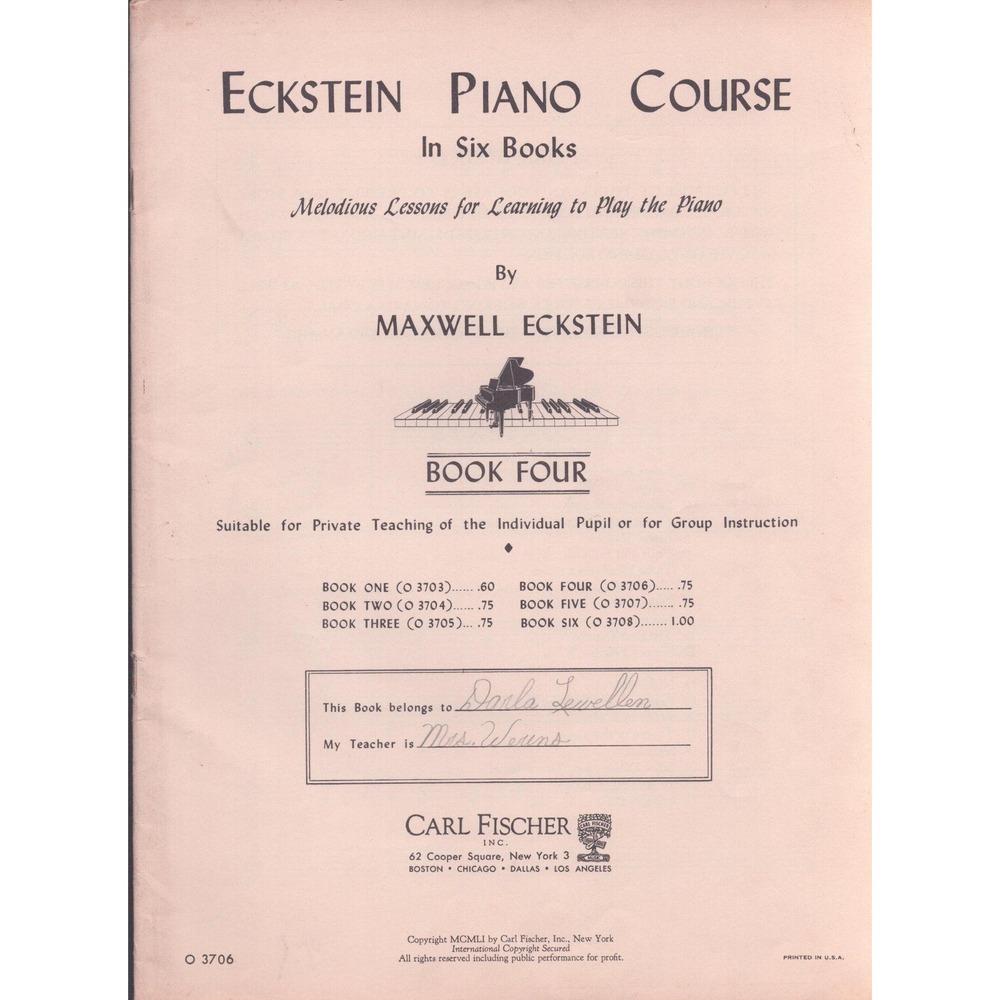 Maxwell Eckstein Piano Course Book Four Carl Fischer Vintage 1951 Sheet Music